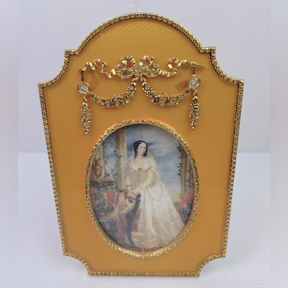 Faberge Countess Picture Frame Yellow Jeweled Enameled Flower Bow READ FLAWS